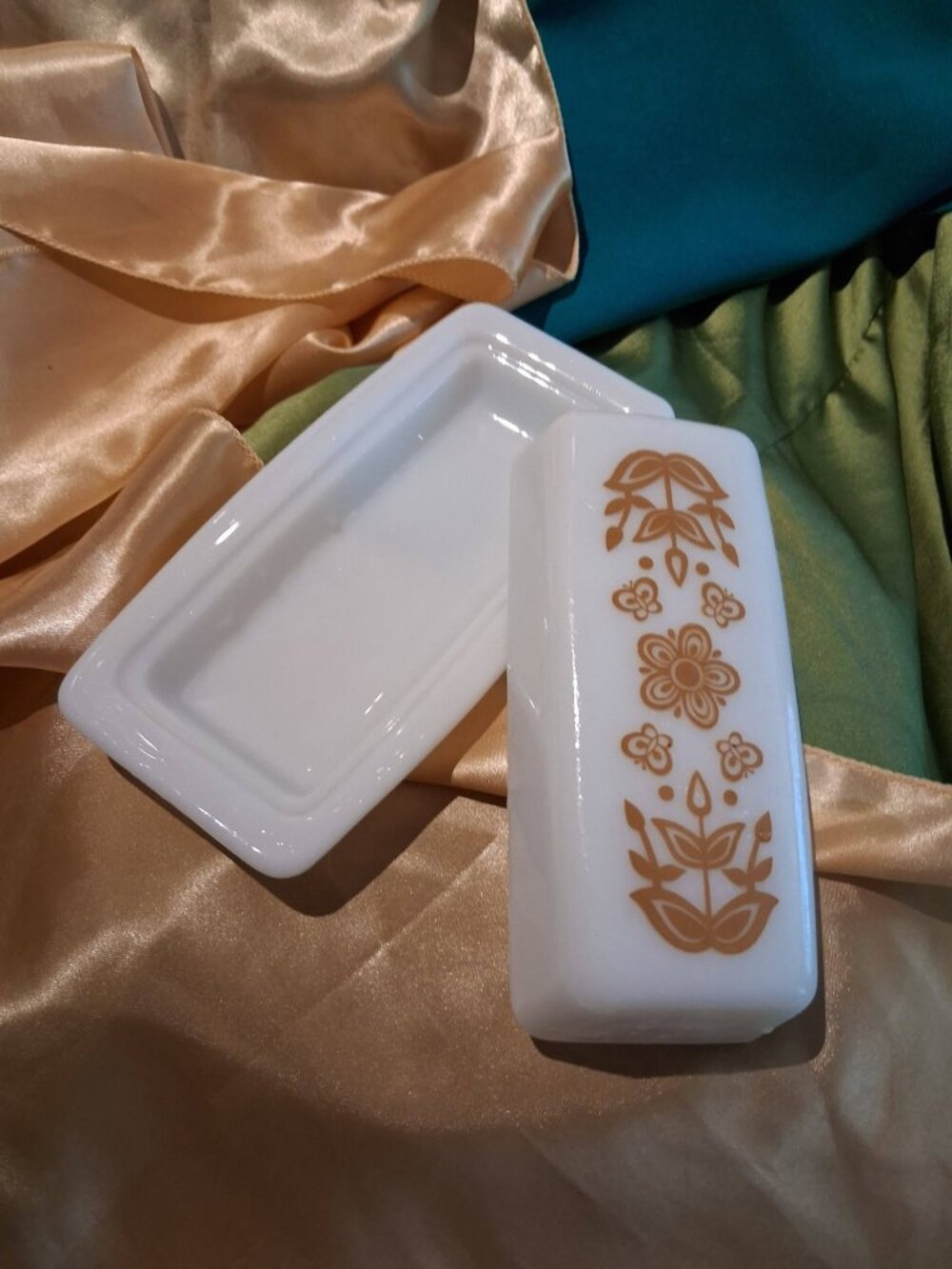 1970s Vintage Pyrex Butterfly Gold Milk Glass Covered Butter Dish Lid & Tray